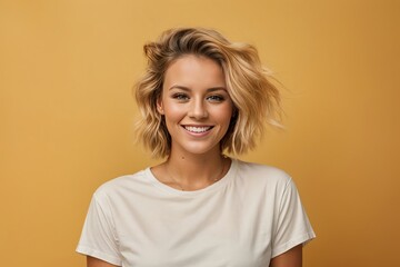 Young happy surprised caucasian smiling woman 20s wear white casual t-shirt on workspace area copy space mock up isolated on yellow orange color background studio portrait