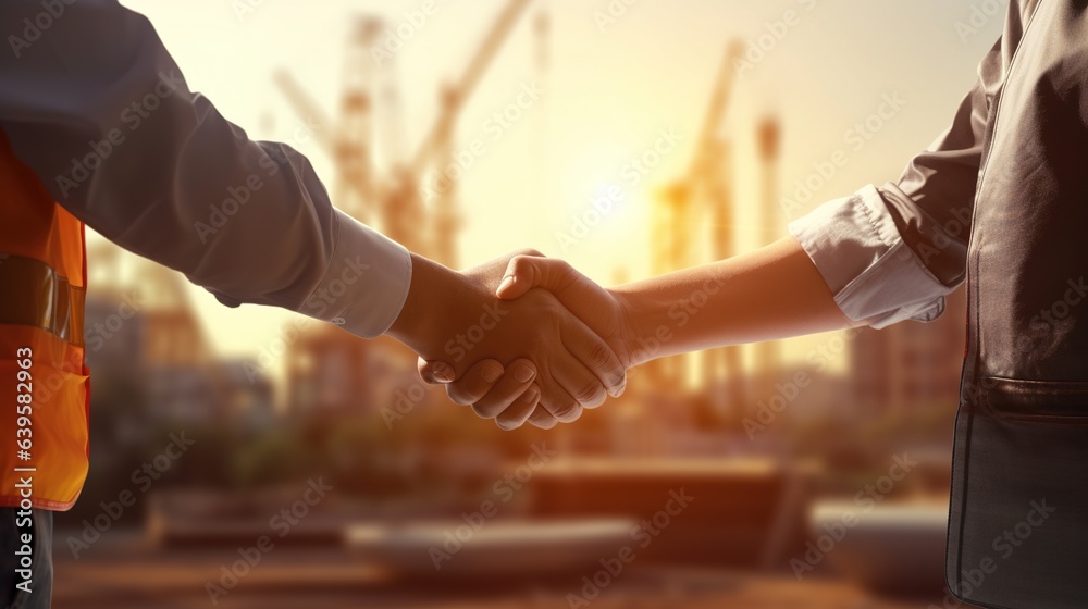 Poster handshake between two professionals at construction site