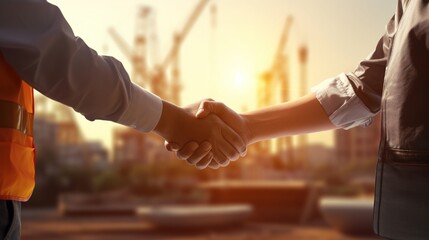 handshake between two professionals at construction site - obrazy, fototapety, plakaty