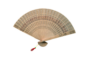 Bamboo wood hand fan on a transparent background