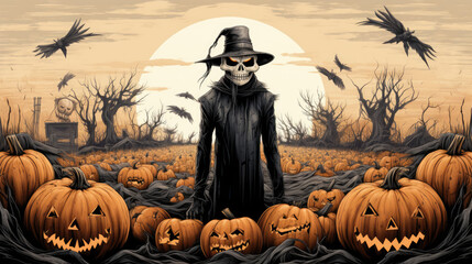 Ink illustration of the grim reaper in an autumn field with pumpkins and jack-o-lanterns, horror concept, scarecrow monster, moon in the backgound