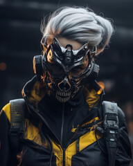 Portrait of a cool woman in a cyberpunk face mask, grey punk hair, detailed facemask design, battle outfit, cyberpunk clothing style