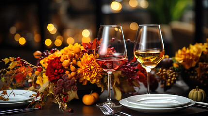 Fototapeta na wymiar Thanksgiving holiday dinner table setting with fall decoration and pumpkins. Generative Ai