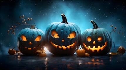 Three scary Halloween pumpkin. Halloween background with copy space.