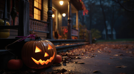 Spooky jack-o-lantern near the porch on Halloween night, scary decorations for house on Halloween, autumn leaves