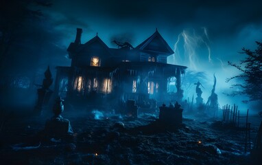 spooky haunted house at night.