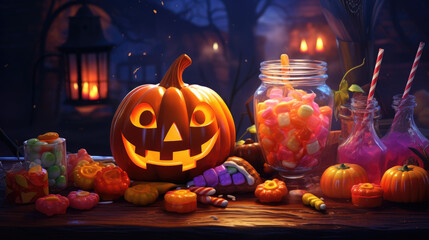 Halloween pumpkin near abstract and fantasy candy on a table outdoors, Happy Jack-O-Lantern glowing in the dark, fairytale candy for trick-or-treat, spooky atmosphere