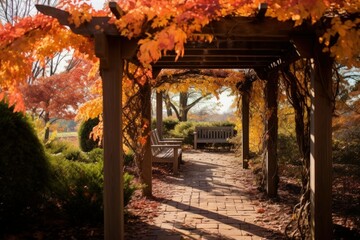 Naklejka premium Beautiful and Serene Pergola in Autumn. Generative AI Illustration.