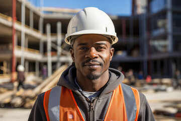 Fototapeta premium Portrait of man african american engineer worker in uniform and hardhat