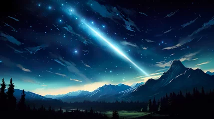 Fotobehang 夜空に流れ星が流れる水彩イラスト背景 © AYANO