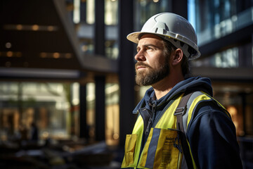 man worker in uniform and hard hat at construction site