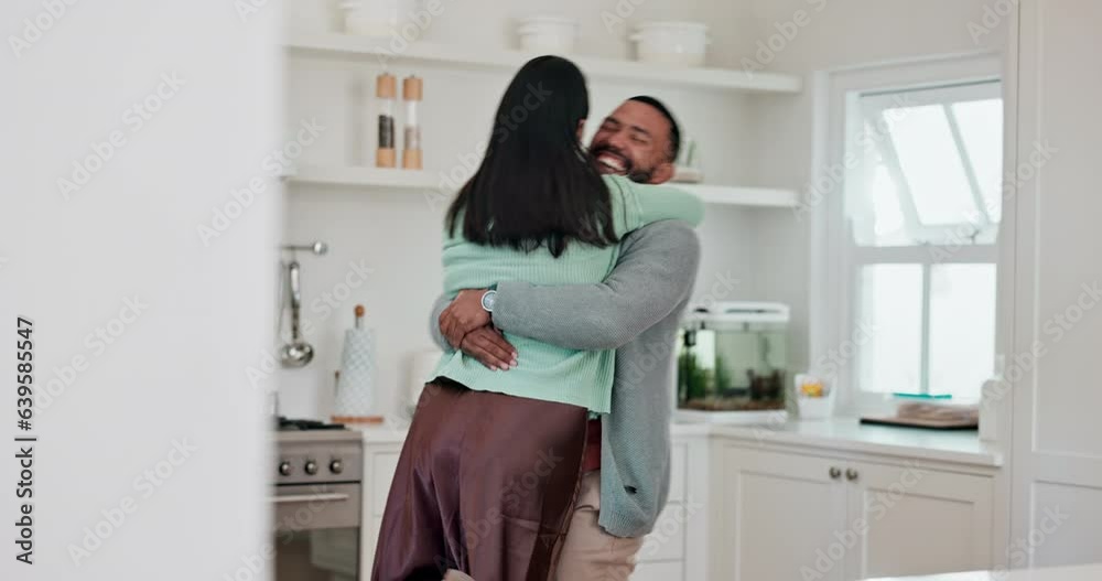 Canvas Prints Love, happy and hug with couple in kitchen for support, celebration and relax. Smile, energy and excited with man and woman spinning at home together for marriage, care and happiness together