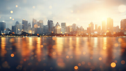 Bokeh light and blur city skyline sunrise background. Generative Ai