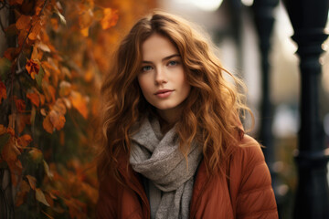 Beautiful girl with beautiful lush hair on the autumn street