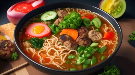 A delicious bowl of noodle soup garnished with fried meatballs, eggs, sliced green onions, sliced shallots and carrots. Generative AI