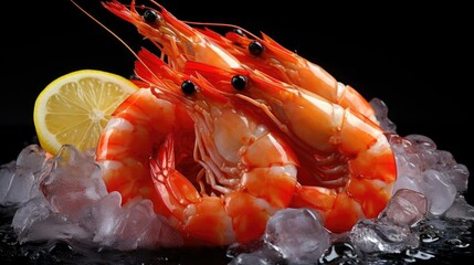 Front view fresh shrimps on ice with lemon wedges, black background and blur