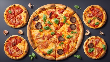 Fototapeta na wymiar Top view of delicious big pan pizza and four mouthwatering small pizzas. Generalized by AI