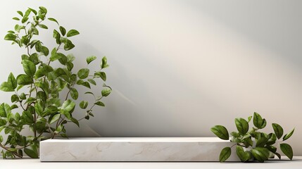 Front view podium design for product display or product stand with leaf ornaments and minimalist background