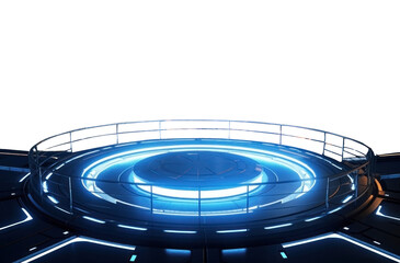 Futuristic landing platform. Isolated transparent PNG. blue neon futuristic glow. 