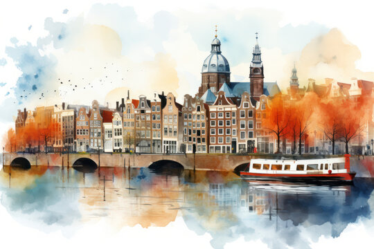 Amsterdam's enchanting canal-laden cityscape captured in a watercolor masterpiece. Dutch heritage meets artistic charm in this iconic European travel destination.