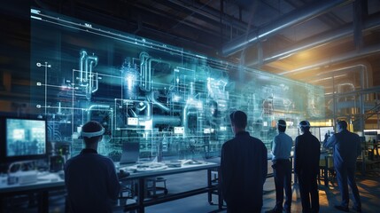 Obraz premium The Future of Industry: A team of engineers and technicians wear VR headsets as they interact with a holographic projection of a complex industrial process