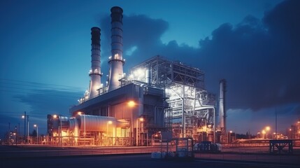 Fototapeta premium Industrial Powerhouse: A majestic power plant stands tall against the backdrop of a twilight sky, its towering smokestacks and illuminated structures symbolizing the relentless power of industry. 