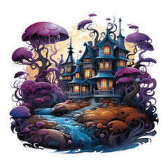 A whimsical Halloween Haunted House design featuring a mansion in a whimsical candyland, chocolate rivers flowing around, Generative Ai
