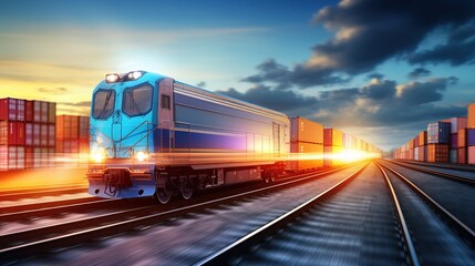 Fototapeta premium freight train with cargo containers for shipping companies. Distribution and freight transportation