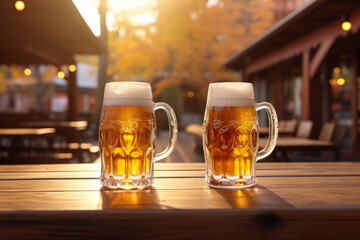 Fresh beer glasses on sunny autumn day in traditional German bar. Outdoor drinking, celebrating Oktoberfest with a rustic vibe.