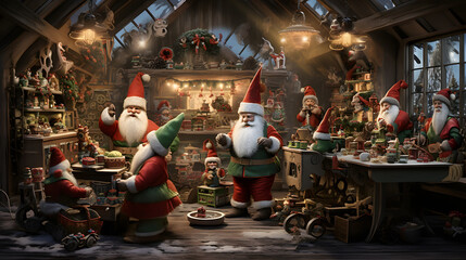 An elaborate scene showcases Santa's workshop bustling with activity as elves prepare gifts. The photography captures the meticulous details of the workshop and the joyful expressions of the elves. - obrazy, fototapety, plakaty