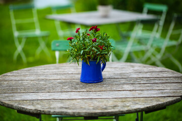 Flowers standing alone on a garden table,