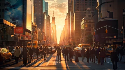 Deurstickers Midtown Manhattan Street Scene at Sunset - Crowded New York City Thoroughfare with Pedestrians and Vibrant Skyline Background © AIGen