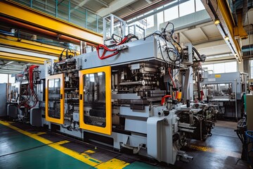Powering Manufacturing: Injection Molding Machines in Large Factory for Metal Processing - obrazy, fototapety, plakaty