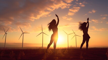 Two youn woman practicing joga in beaufitul sunset light wth windfarm in the background. Relaxed, calm lifestyle.