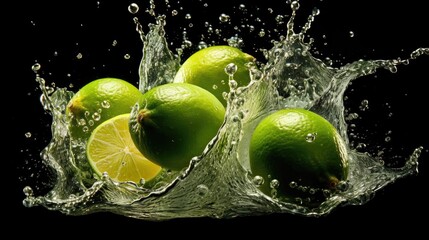 Front view Fresh green limes splashed with water on black and blurred background