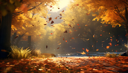Naklejka na ściany i meble Autumn season with falling leaves, colorful trees and distant sunshine - Generativ AI