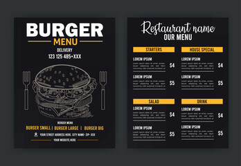 Burger Restaurant Menu Layout With Restaurant cafe menu template design on chalkboard background vector illustration