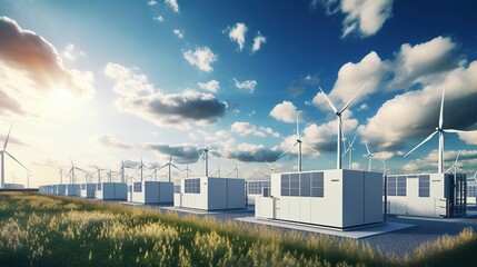 Fototapeta premium Sustainable Energy: A vast field of wind turbines stand tall, powering a modern energy storage facility against a backdrop of a vibrant blue sky, showcasing the power of renewable energy. 