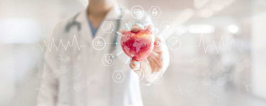 World heart health day concept with  doctor or cardiologist holding heart with future icons in hospital medical lab for cardiovascular disease, coronary artery disease AI technology heath care service