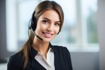 Portrait of happy female call centre operator in office