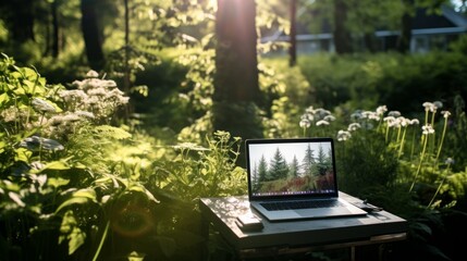 Remote work from a laptop in a brautiful green forest.