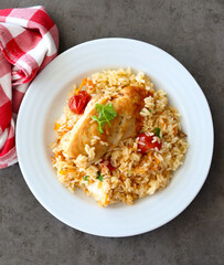 Chicken breast with rice, tomato