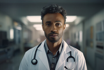 Male atult afroamerican doctor portrait against medical clinic background