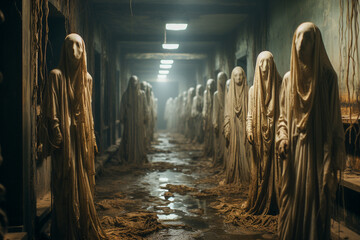 A group of ghosts in a cloth sheet standing standing in a corridor