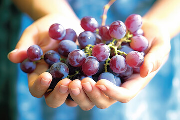Hand holding grapes Harvest vineyards, collect the selected grape bunches, organic food and fine...