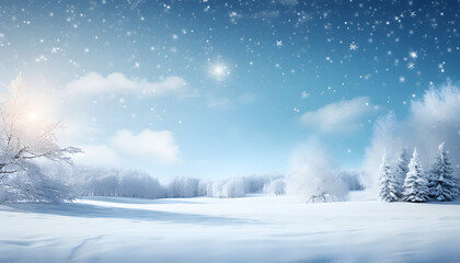 Dreamy Winter Wonderland with blue sky and falling snowflakes - Generativ AI