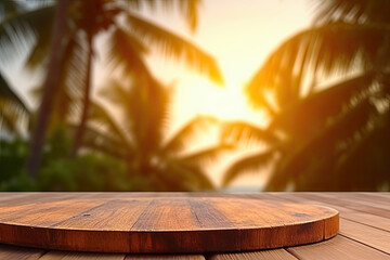 Obraz na płótnie Canvas Wooden table with a beach background at sunset for product presentation with copy space