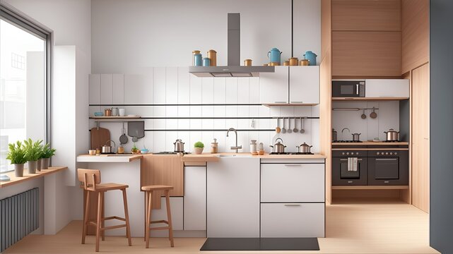 Illustration of a modern, neat and elegant kitchen space with abundant sunlight and a composition of warm white and wood brown tones. Generalized by AI
