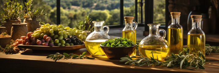 High quality olive oils in glass bottles in a row on the table in the kitchen, banner - obrazy, fototapety, plakaty