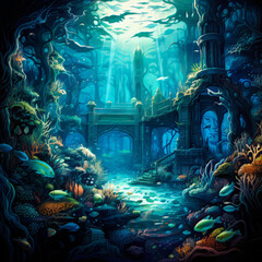 Undersea Fantasy.  Generative AI.
A digital rendering of a undersea fantasy with sunken buildings and sea life.